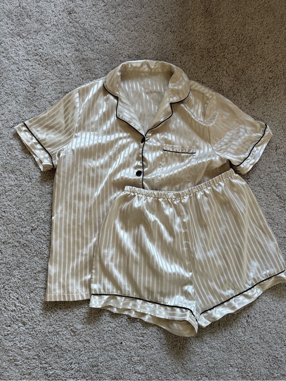 Champagne Satin Striped Pajama Set Short Sleeve Top & Shorts